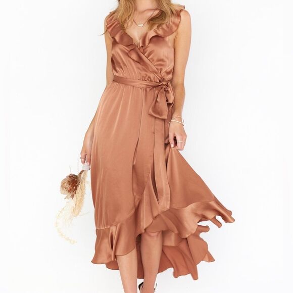 Show Me Your Mumu Rose Gold Samantha Ruffle Wrap Dress Size Medium MISSING SASH - Picture 1 of 16